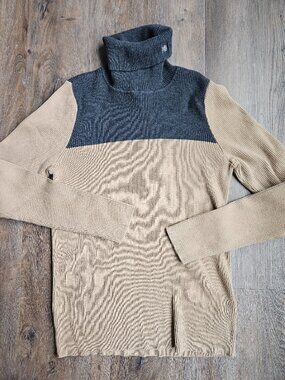 Ralph Lauren cotton gray tan color block women's turtleneck sweater size XL